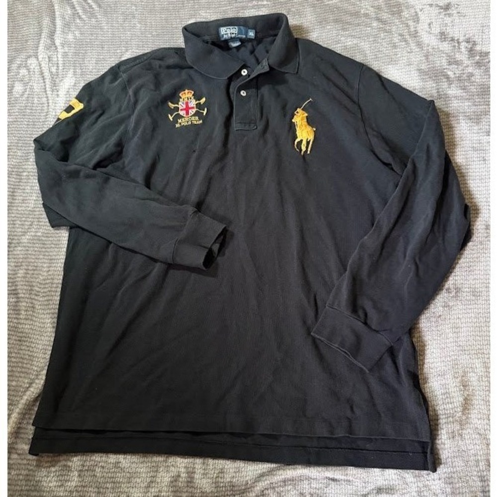 Polo Ralph Lauren Big Pony Long Sleeve Shirt Black Gold Mercer Crest Mens XL